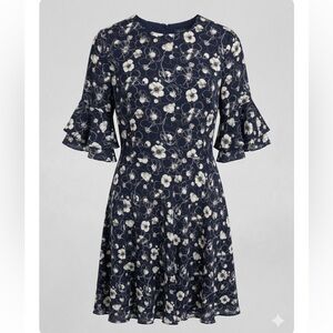 Brooks Brothers Navy Floral Ruffle Sleeve Dress